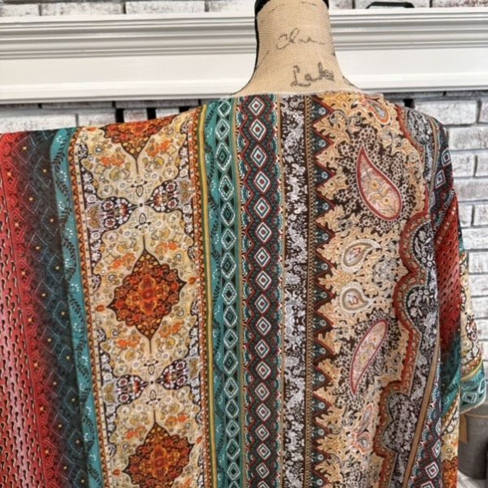 Unbranded Womens Floral Geometric Print Open Front Kimono Multicolor One Size - Picture 6 of 8
